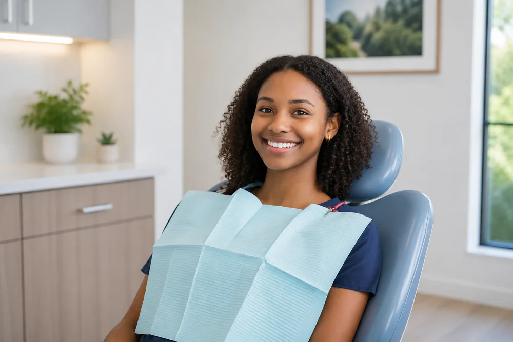 portrait-smiling-teenage-girl-with-braces-sitting-chair-while-dentist-standing-clinic zoom teeth smile happy - stock photo results may vary